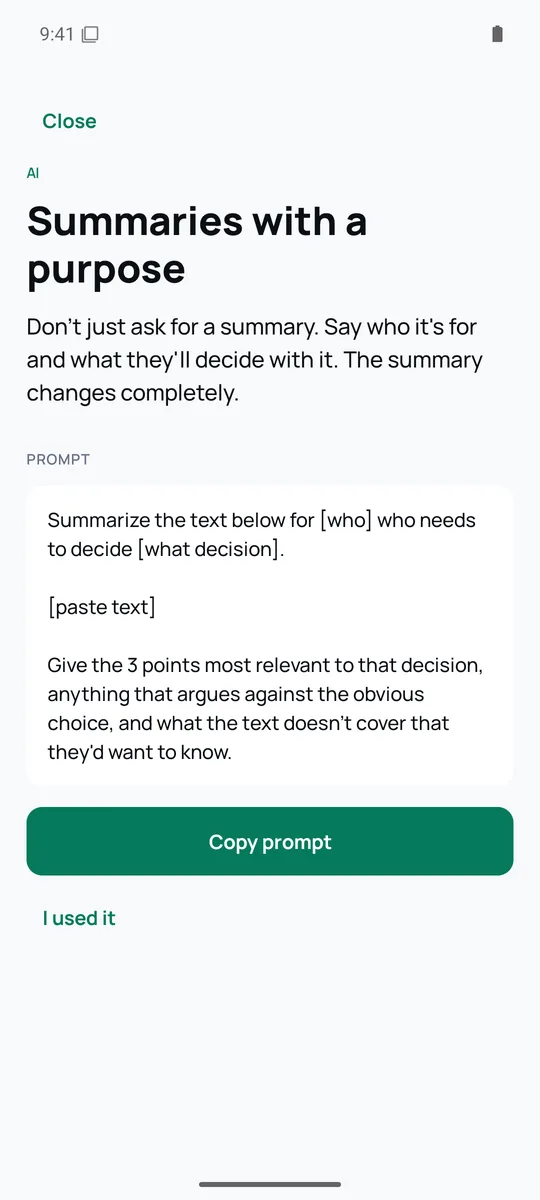 NOTIVIVE activity screen: Summaries with a purpose, with a ready-to-copy AI prompt.